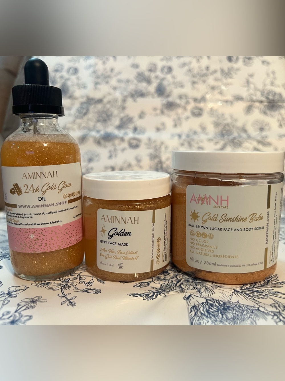 24K Shimmer Oil, Jelly Face Mask and Body Scrub Trio